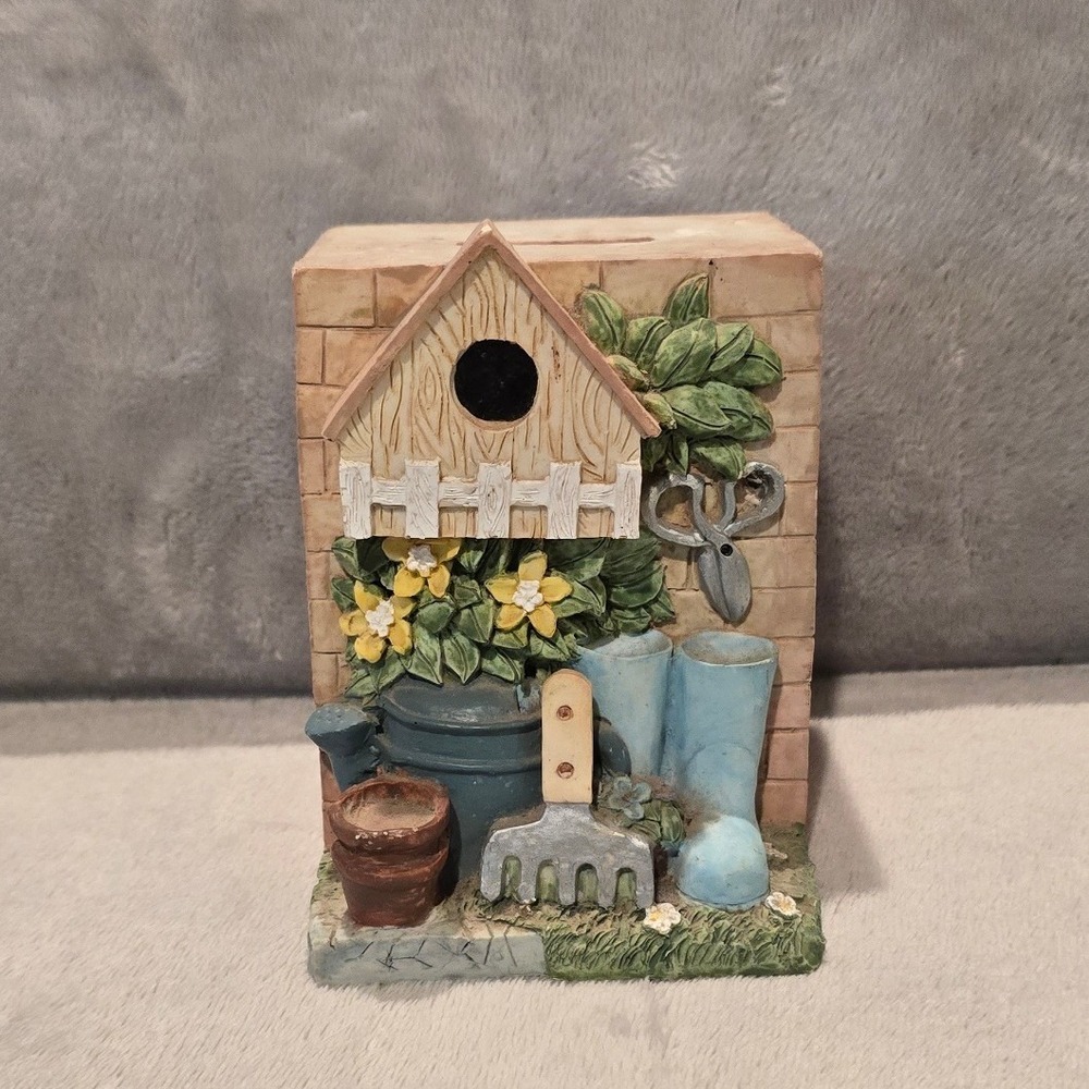 Vintage 1995 CBK Ltd Garden Birdhouse Piggy Bank Resin Gardening Tools Decor